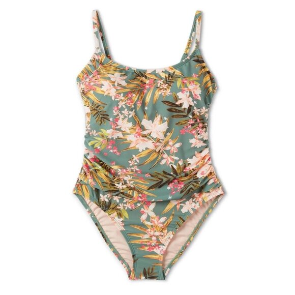 Kona Sol Size Large 12-14 Green Tropical Floral Print Shirred 1 Piece Swimsuit - Picture 2 of 7